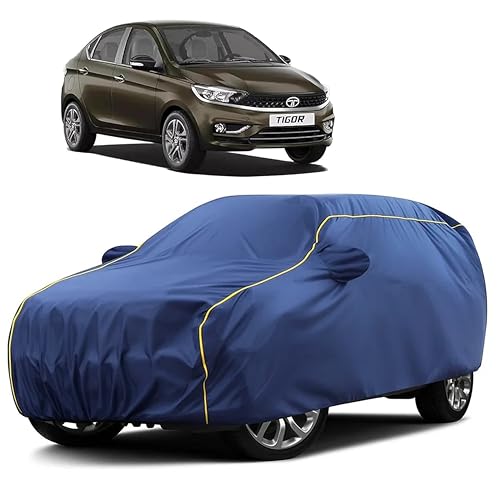 Image of Sulfar 100% Water Resistant Car Body Cover Compatible with Mirror for Tata Tigor (Triple Stitched, Full Bottom Elastic, Blue Taffeta with Yellow Piping)