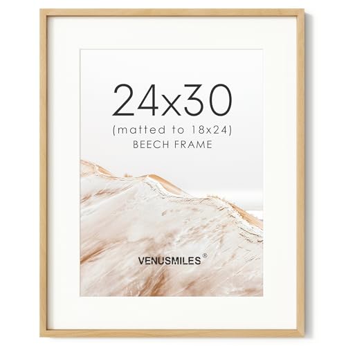 Image of 24x30 Poster Frame, USA-Sourced Natural Beech Wood Picture Collage Frame with HD Tempered Glass, Modern Simple 24 x 30 Wooden Photo Frame Matted to 18x24, Vertical & Horizontal Wall Hanging Display