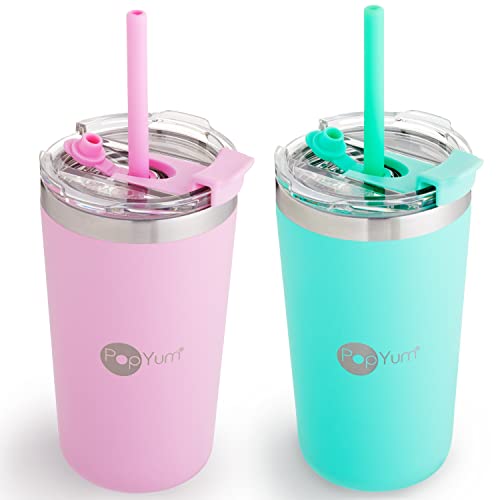 Image of PopYum 13oz Insulated Stainless Steel Kids’ Cups with Lid and Straw, 2-Pack, Green, Pink, stackable, sippy, baby, child, toddler, tumbler, double wall, vacuum, leak proof