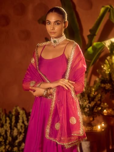 Image of FIORRA Women's Pink Viscose Chanderi Embroidered & Gota Patti Work Ethnic A-Line Kurta Set with Dupatta