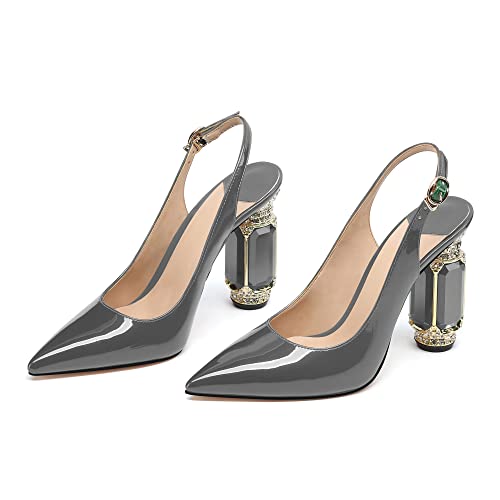 Image of JANSEVEN Women Chunky Heels Pumps Crystal Block Heels with Rhinestones Pointed Toe Sexy Gradient Patent Leather Slip on Bridal Party Wedding Dress Shoes 5-13 M US