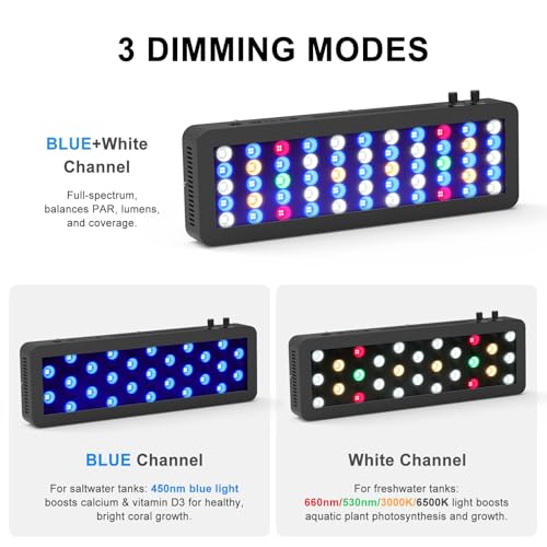 Image of Wills Aquarium Light, 100W Full Spectrum LED Reef Lights, 20 inchx7 inchx2.4 inch | For Coral Saltwater Fish Tank, Blue /White Dual Dimmable Channels, 55 Premium SMD LEDs, Daisy Chain Design, Hanging Kit
