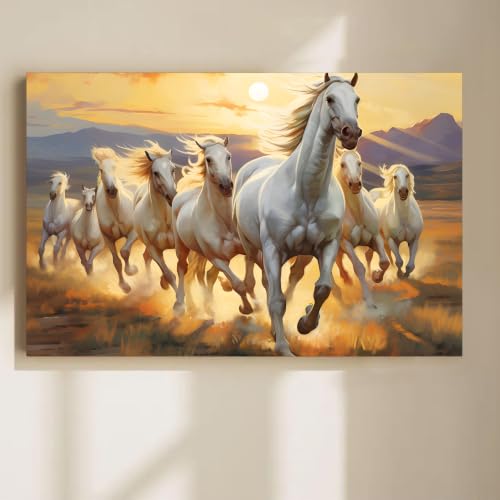 Image of PAINTINGMANTRA 7 White Running Horses Stretched Canvas Painting For Living Room, Vastu Abstract Stretched Canvas Wall Art Painting for Office & Home Decor, 22x34 Inch