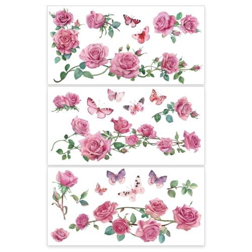 OLYCRAFT Juego de 3 piezas de rosas para muebles y manualidades, 30 x 15 cm, calcomanías de transferencia de rosas con mariposas, calcomanías para decoración de sala de estar, muebles, álbumes de