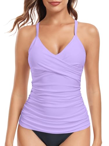 Image of RELELCIGA Women's Tankini Top V Neck Ruched Tummy Control Bathing Suit Top