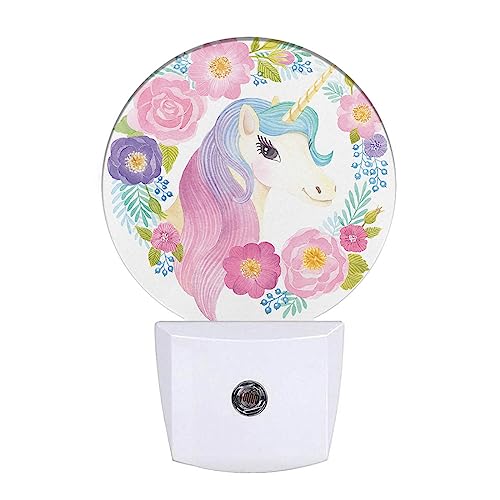 Image of Girl Unicorn Plug in Night Light Cute Animal Unicorn with Rainbow Hair Spring Flowers Leaf Nightlight Dusk to Dawn Sensor LED Lighting for Bedroom Bathroom 0.5W Sleep Friendly