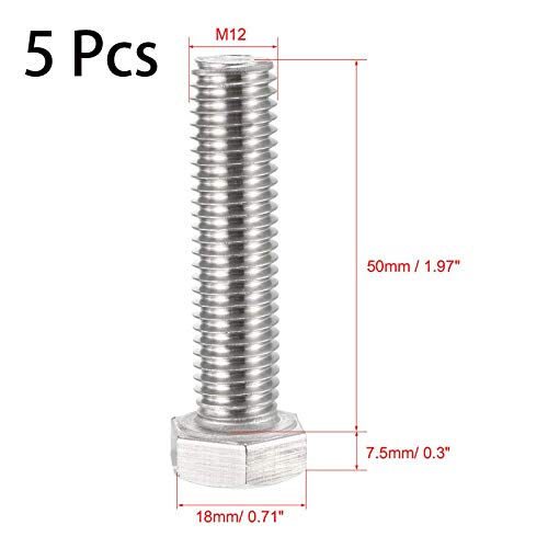 Image of 5 Pcs M12 Hex Bolt M12-1.75 x 50mm UNC Hex Head Screw Bolts A2-70(304) Stainless Steel Fully Threaded Hex Tap Bolts,Plain Finish,Fully Threaded (M12 x 50mm)
