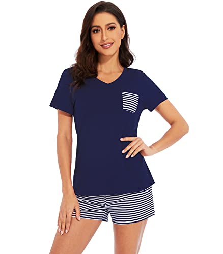 Image of WiWi Womens Pajamas Set Bamboo Viscose Super Soft Short Sleeve Top Ruffle Shorts Sleepwear Cooling Pj Sets S-XXL