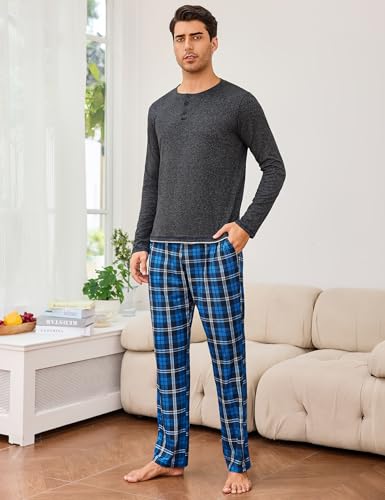 Leversic Piżama męska zimowa 2-częściowa piżama męska, długie rękawy z okrągłym dekoltem i spodnie w kratę, miękkie i ciepłe, S-4XL, ciemnoszary, M