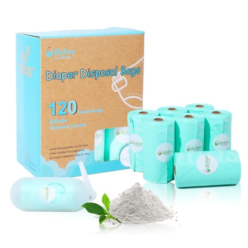Image of USBOO Diaper Bags Disposable for Baby - Fresh Powder Scent, 8 Refill Rolls (120 Pack) Diaper Trash Bags with Dispenser, Diaper Bag Accessory