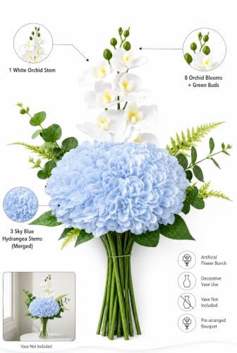 Image of Divyakosh Artificial Flowers Bunch (Vase Not Included). Artificial Flower for Vase, Flower Bouquet Gift, Sky Blue Hydrangea & White Orchid Artificial Flower Arrangement for Living Room, Office