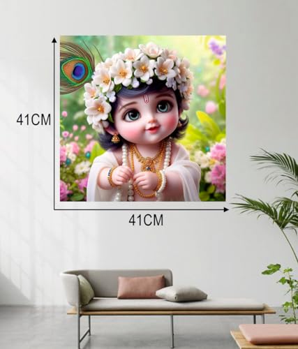 Image of Akki Wold Baby White Krishna In Pink Flower Garden wall poster For Living Room, Office, Pooja Room (Size - 41CM X 41CM)