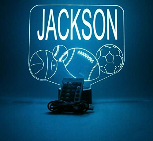 Sports Array Soccer Ball Baseball Football Basketball With Custom Name Night Light Up Lamp Led Free Engraved Custom Name Personalized Athletic Table Lamp With Remote, 16 Colors, It's Wow, Great Gift #TOP6