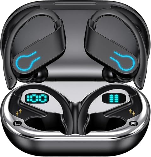 Auriculares Deportivos con Gancho Inalámbricos Bluetooth 5.3, 4 Micrófonos para Llamadas Nítidas, 120 Horas de Autonomía Total, Pantalla LED Digital de Carga