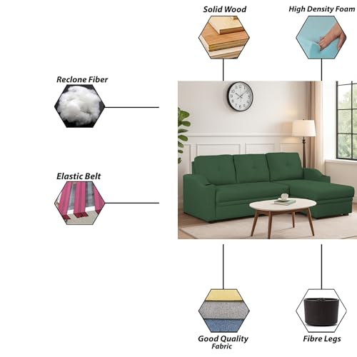 Image of Casaliving Ravonna RHS 4 Seater L Shape Corner Sofa Cum Bed for Living Room (Green Fabric) Premium Fabric Sofa