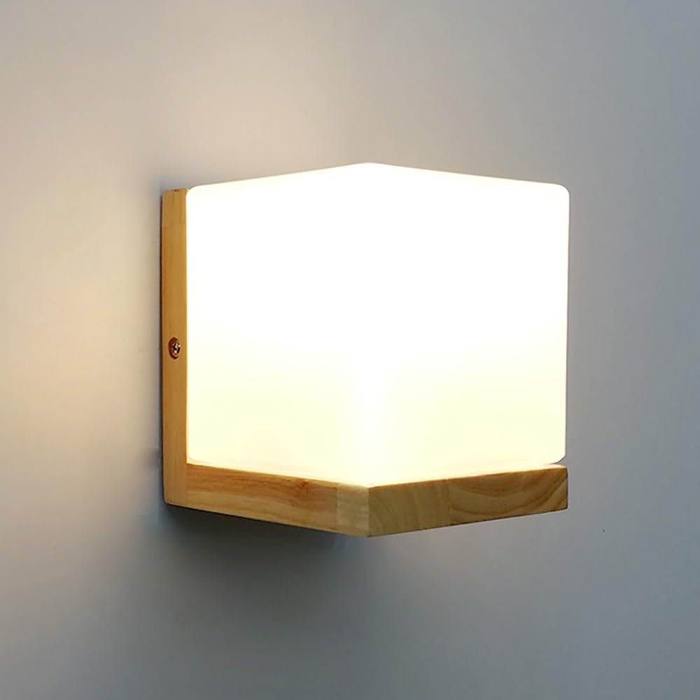 COSRUB Nordic Wood Wall Lamp Fixture, Sugar Cube Glass Wall Sconce Light Japanese Floating Shelf Wall Lighting for Bedroom Bedside Hallway Entryway(Simple)