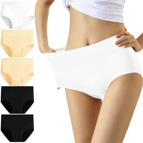 YouShow Bragas Mujer Braguitas Algodón Cintura Alta Pack de 5 Cómodo Faja Reductora Ajustan(Albaricoque de Moda,M)