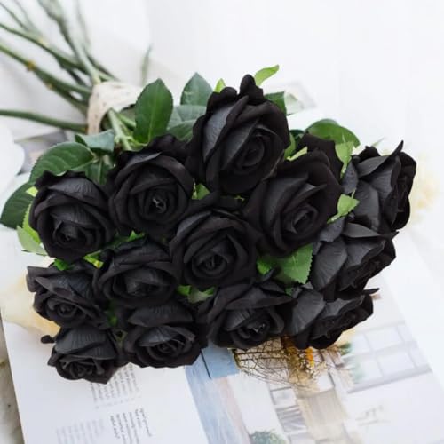 10 Pcs Artificial Roses, Black Fake Roses Artificial Flowers, with Stems Fake Artificial Black Roses Silk Flowers - Image 3