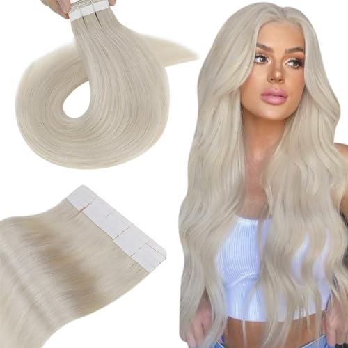 Hetto Tape in Hair Extensions Human Hair Platinum Blonde 18 Inch, Invisible Tape in Human Hair Extensions
