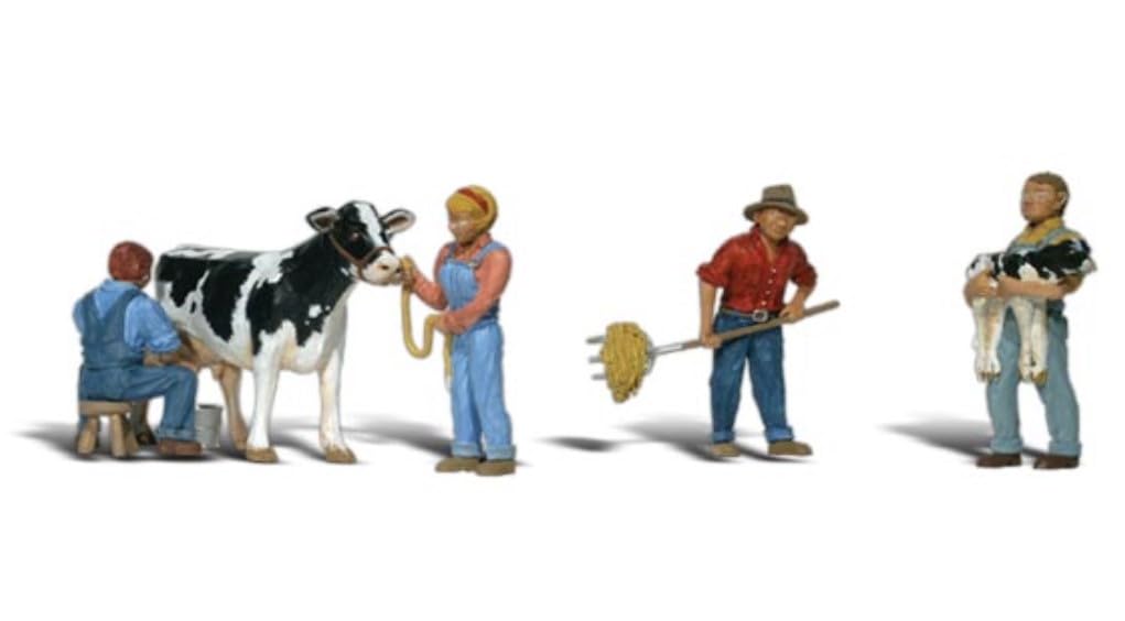Woodland Scenics A1887 Dairy Farmers Cow Calf on the Arm Pitchfork Milking Figures Gauge H0 HO 1:87 Dairy Farmers - Image 2