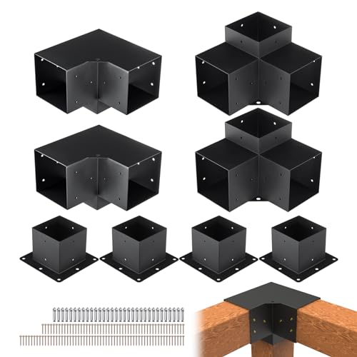 VEVOR Kit de Soporte de Pérgola 6'x6' (15x15 cm) Soporte para Postes de Maderas 4 Soportes de Esquina de 3 Vías 4 Bases de Vigas Hardware de Bricolaje para Cenadores, Pérgolas de Patio, Cabañas, Negro