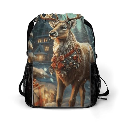 Sac à dos léger cordon de serrage renne cadeau de Noël pour homme femme dimensions 45.5x41.5cm