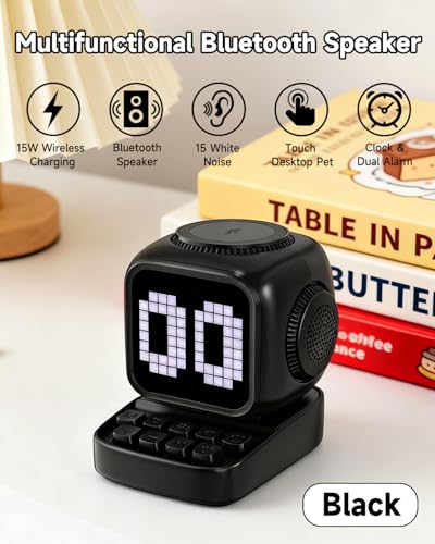 Image of Retro Robot 5-in-1 Bluetooth Speaker: 15W Wireless Charger, Pixel LED Screen, 10W Stereo Sound & 15 White Noise, Alarm Clock, Cute Portable Wireless Speaker for Bedroom Desk Office, Birthday Gifts