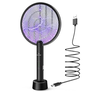 PALONE Racchetta Zanzare Elettrica, 4000V con USB Ricaricabile LED 2-In-1 Racchetta Zanzare Elettrico, Protezione Maglia a 3 Strati, Adatto per Casa Giardino Campeggio Interni ed Esterni - Nero