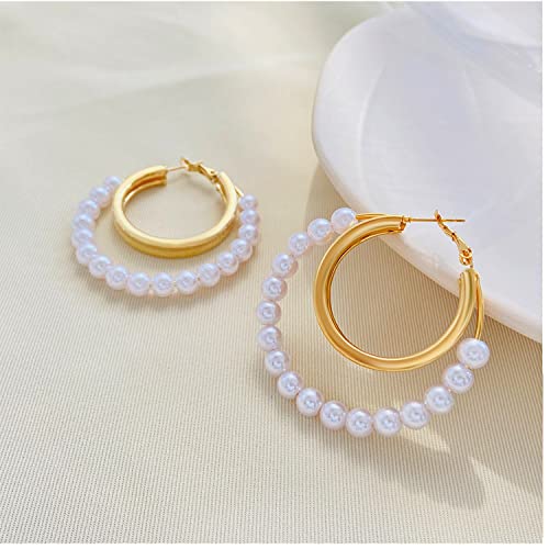 Pearl Hoop Earrings For Women Pearl Drop Earrings Birthday Wedding Jewelry Gifts For Women Girls (Gold) #TOP5