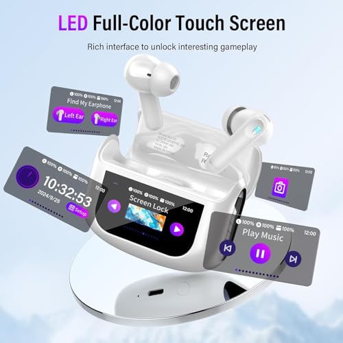 Image of Wireless Earbuds, Bluetooth 5.4 Headphones with Multifunctional Touch Screen, 48H Bass Stereo Ear Buds with ANC /ENC Noise Cancelling /Transparency Mode, IPX7 Earphones with 5 EQ Modes, Milky White