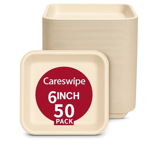 Image of Disposable Paper Plates 6 inch, 50 Count, Square, Beige | Eco-Friendly Sugarcane Plates for Wedding, Party, Cafes | Ideal for Both Hot & Cold Food