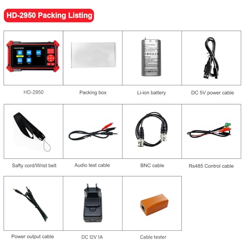 CCTV-Kameratester, HD-2950, 8 MP TVI CVI AHD CVBS Analog-Kameratester, 12,7 cm (5 Zoll), TFT-LCD-Bildschirm, UTP-Kabeltest, HDMI- und VGA-Eingang, RS485 PTZ-Steuerung, Audio-Test, 12 V