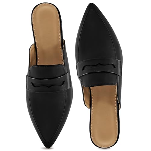 Alicegana Mules for Women Slingback Flats: Comfortable Pointed Toe Backless Loafers Business Casual Shoes Dressy Slides 2026 Black