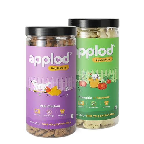 Image of Real Chicken & Pumpkin with Turmeric Dog Biscuits Combo for Puppies & Adult Dogs, All Breeds | Oven-Baked Crunchy Dog Treats & Biscuits | Pack of 2 Flavours | 845g x 2