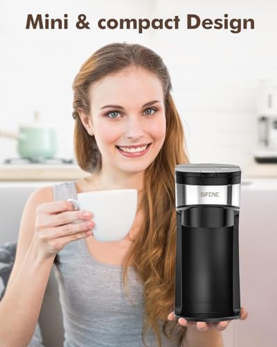 Image of SIFENE Mini Single Serve Coffee Maker, One Cup for K Pods and Ground Coffee, Beer Sizes 6-12 Ounces, Capsule Coffee Machine with Water Window and Descaling Reminder,