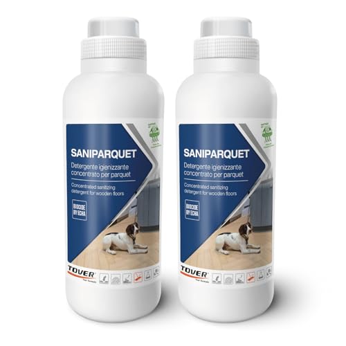 Tover, Saniparquet kit 2 pezzi, Detergente Igienizzante per Parquet Oliati e Verniciati, Pavimenti in Laminato, LVT e SPC. Efficace contro sporco e batteri, Profumato, 2 unità (2 bottiglie da 1L)