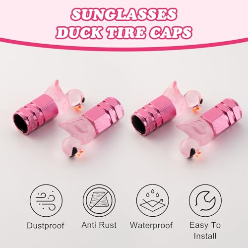 4Pcs Duck Tire Valve Caps, Funny Sunglasses Duck Valve Stem Caps Covers for Wheels, Decorative Cute Tire Valve Caps for Car Accessories (Hexagon Duck Pink)