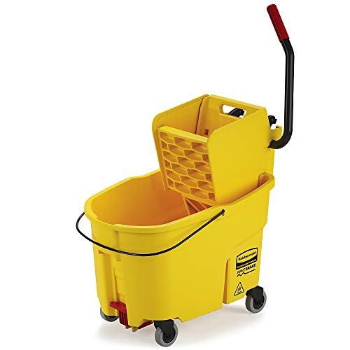 Image of Rubbermaid Commercial Products WaveBrake 44 QT Side-Press Mop Bucket and Wringer Combo on Wheels with Foot Drain Yellow for Heavy-Duty Floor Cleaning