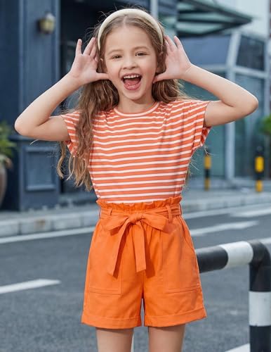 Image of Arshiner Girls 2 Piece Outfit Summer Drop Shoulder Batwing Sleeve Tops and Paperbag Waist Shorts Set Cute Clothing Size 6-14