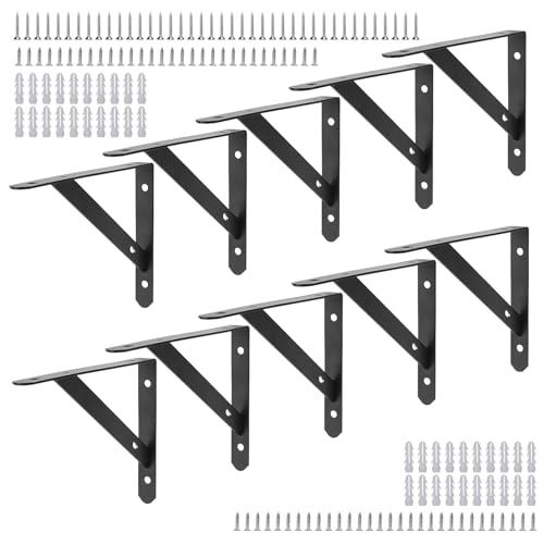 JAPCHET 10 PCS 8 Inch Black Shelf Bracket, Triangle Shelf Support Bracket with Screws, Shelf Bracket for Bookshelf, Cupboard