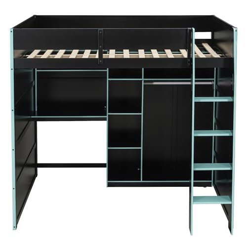Image of Harper & Bright Designs Modern Full Size Gaming Wood Loft Bed with Desk and Open Wardrobe, Wood Loft Bed Frame with Storage Compartments and RGB Lights, for Kids Teens Adults Bedroom Use (Blue)