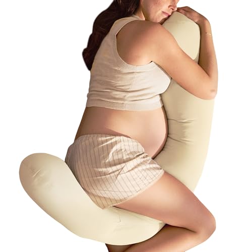 Frida Mom Compact Support 4-in-1 Pregnancy Pillow Cooling Pregnancy Pillow Twist & Bends into 4 Shapes for Comfort & Full Body Support Compact Storage Easy to Clean Breathable Storage Bag Ivory