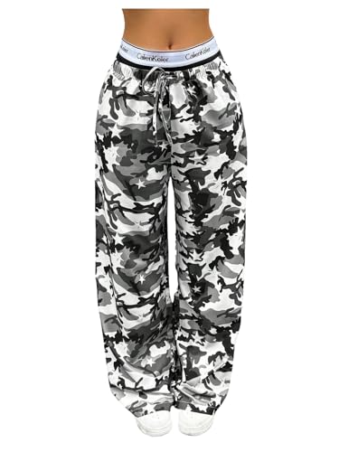 Women's Camo Jogger Pants Drawstring Waist Wide Leg Baggy Pants Streetwear