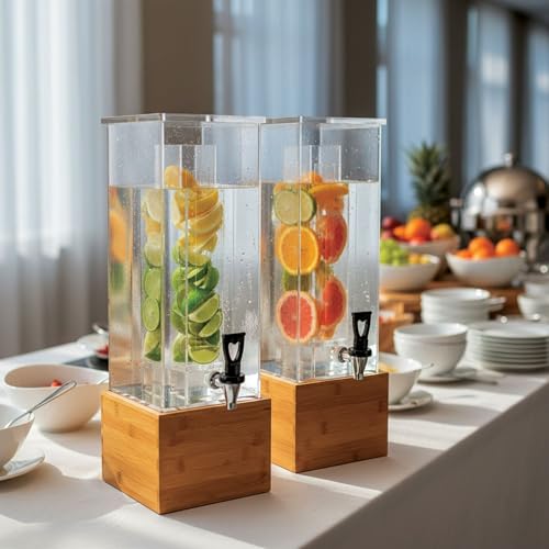 Image of Restaurantware Bev Tek 2 Gallon Beverage Dispenser 1 Square Drink Dispenser For Parties - With Infusion Core Bamboo Base Clear Acrylic Drink Dispenser With Stand Easy-To-Use Spigot