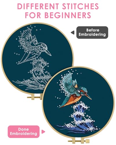 Image of TINDTOP Embroidery Kit for Beginners Adult, Kingfisher Embroidery Kit for Beginners Include Embroidery Cloth Hoops Threads for Craft Lover Hand Stitch with Embroidery Skill Techniques | for Beginners Include Embroidery Cloth Hoops Threads for Craft Lover Hand Stitch with Embroidery Skill Techniques