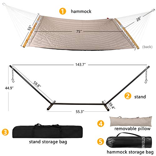 Double Hammocks with 12ft Hammock Stand,Durable Quilted Fabric Hammock w/Foldable Bar & Detachable Pillow,450 Pounds Capacity,Stable Detachable Metal Stand - Thumbnail 5