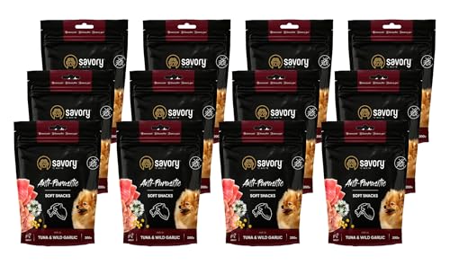 Savory - Hunde Leckerlis - Leckereien für Hunde - Antiparasitär - Thunfisch & Bärlauch - Hundesnack, Gut geeignet für Training, alle Rassen - Angereichert mit Superfoods - 12er-Pack (12x200 g)