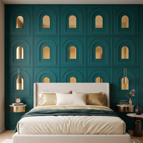 Image of Kayra Decor 3D PVC Wall Panels - Archi Design, Mirror Teal Green Color, 19.7 inch x 19.7 inch (Pack of 40) | Covers 107.60 Sq. Ft. |