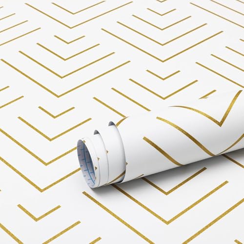 Image of TEKCOOL Self Adhesive Wallpaper White and Gold Pattern Peel and Stick Wallpaper Gold Lines Geometric Sticky Back Vinyl Removable Contact Paper Wall Covering Decorative Film DIY 45x300cm (White-2pc);