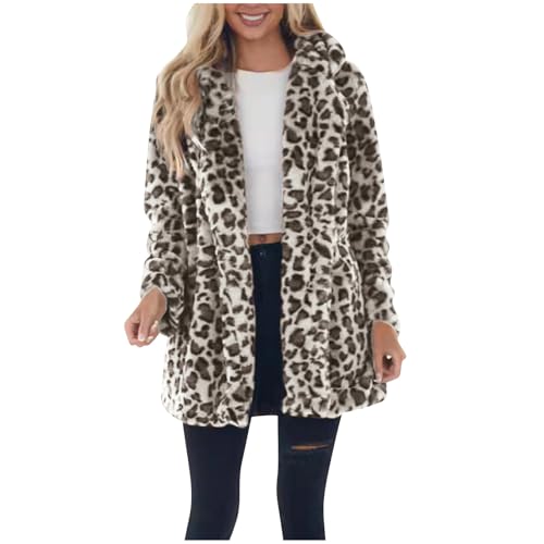 Leopard Print Faux Fur Coat Women Plus Size Fuzzy Jacket Casual Open Front Cardigan Fleece Winter Jackets